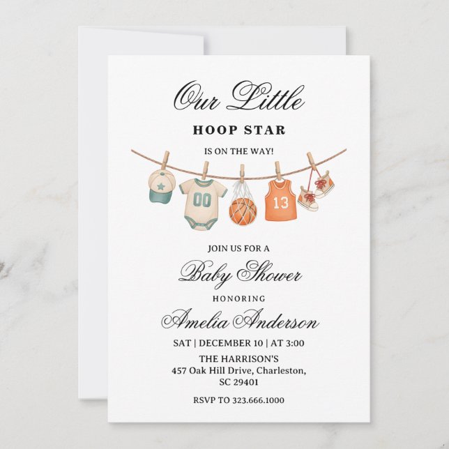 Clothesline Basketball baby shower invitation  Inbjudningar (Framsida)