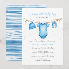 Clothesline Blue Boy Baby Shower Inbjudningar