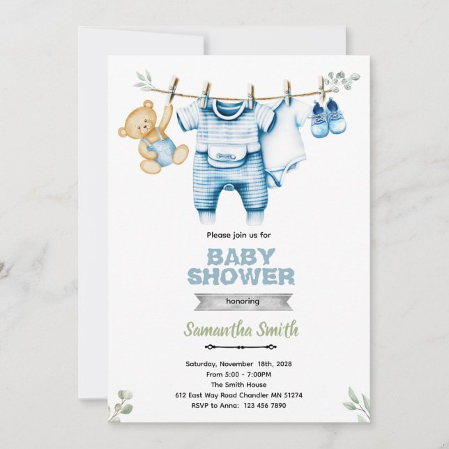Clothesline boy baby shower invitation inbjudningar (Framsida)