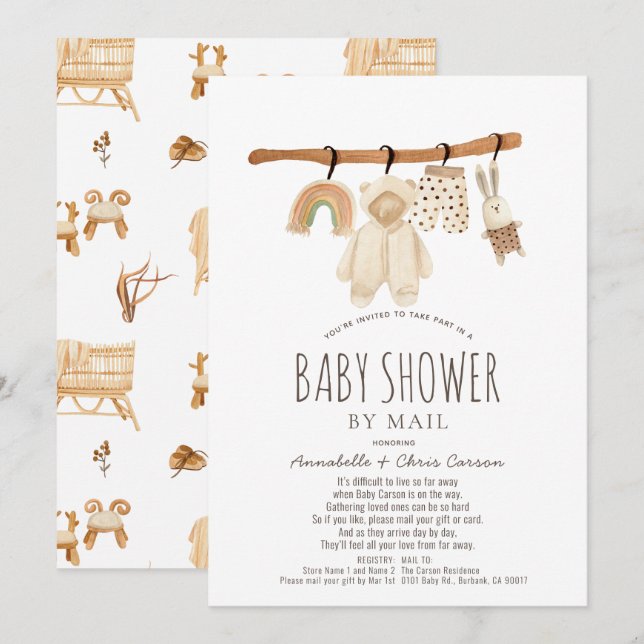 Clothesline Gender Neutral Baby Shower by Mail Inbjudningar (Fram/baksida)