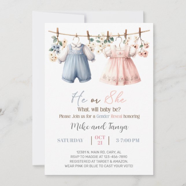 Clothesline gender reveal invitation, flowers. inbjudningar (Framsida)