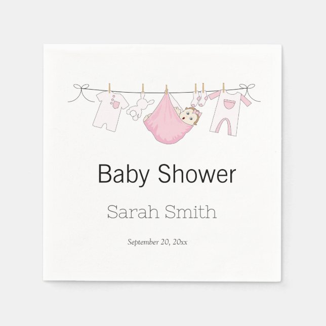 Clothesline Girl Cute Rosa Baby Shower Pappersservett (Framsidan)