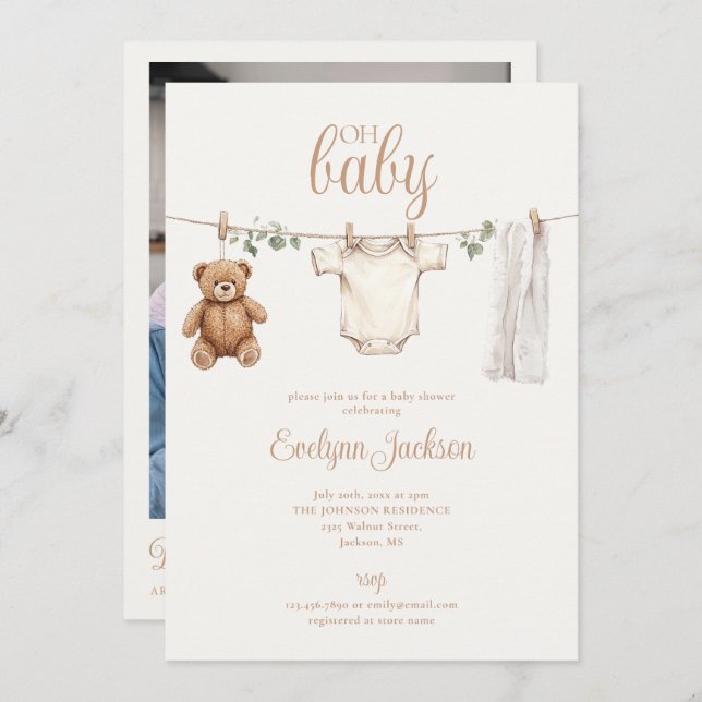 Clothesline Neutral Baby Shower Photo QR Code Inbjudningar (Fram/baksida)