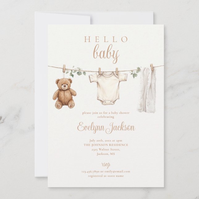 Clothesline Neutralt Baby Shower Photo QR-kod Inbjudningar (Framsida)