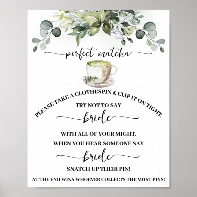 Clothespin Eucalyptus Matcha Bridal Shower Game Poster (Framsidan)
