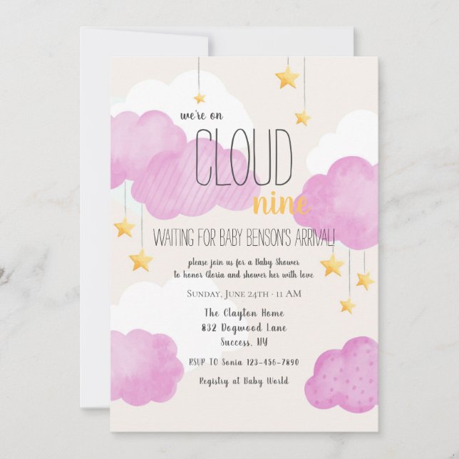Cloud 9 Baby Shower-inbjudan på Rosa Inbjudningar (Framsida)