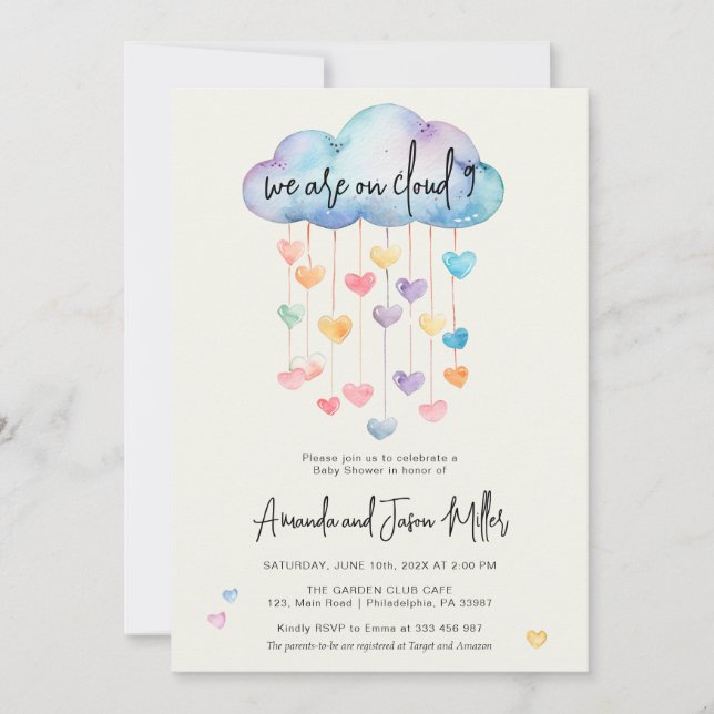 Cloud 9 Baby Shower söta hjärtan Spara Datumet (Framsida)