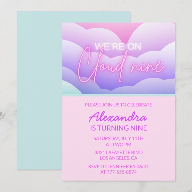 Cloud 9 födelsedagsfest inbjudan Rainbow (Fram/baksida)