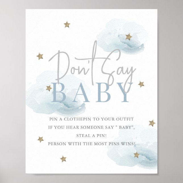 Cloud 9 Guld Stars Blue Baby Shower Säg inte Baby Poster (Framsidan)