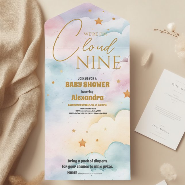 Cloud 9 Guld Stars Watercolor Baby Shower (Skapare uppladdad)