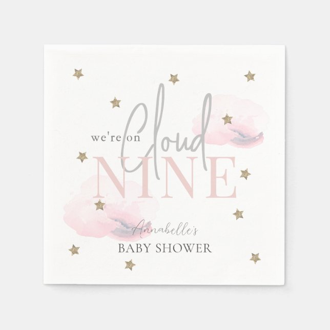 Cloud 9 Guld Stars Watercolor Girl Baby Shower Pappersservett (Framsidan)