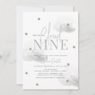 Cloud 9 Guld Stars Watercolor Grått Baby Shower Inbjudningar