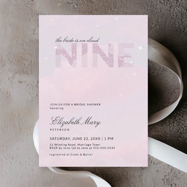 Cloud 9 Modern Dreamy Rosa Glitter Möhippa Inbjudningar (cloud 9 bridal shower invitation dreamy romantic pastel pink glitter clouds sky modern calligraphy)