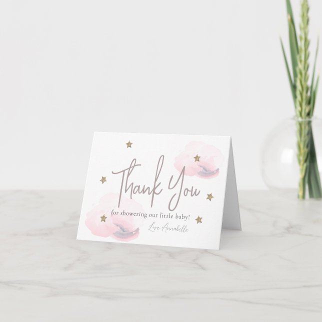 Cloud 9 Rosa Clouds & Guld Stars Girl Baby Shower Tack Kort (Framsida)