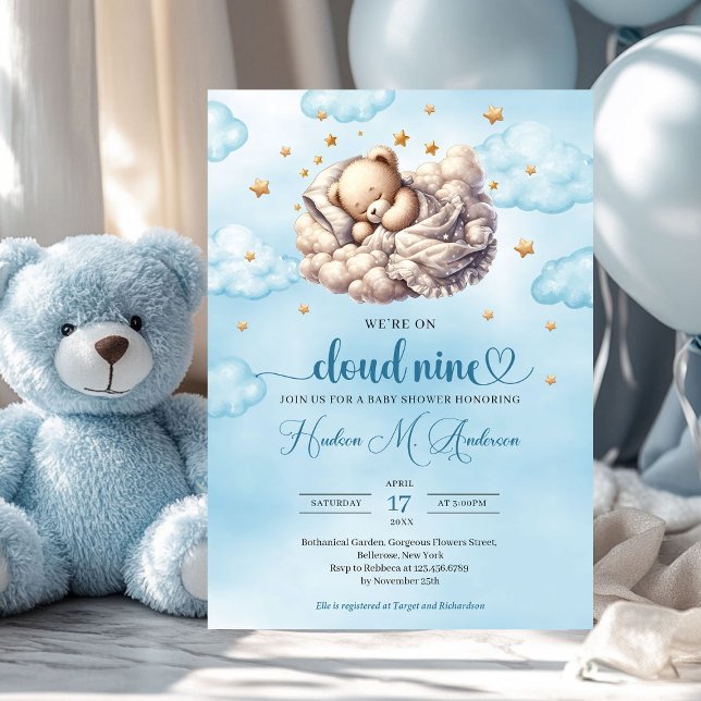 Cloud 9 Sleeping nalle Boy Shower Inbjudningar (we're on cloud nine boy baby shower invitation)