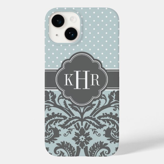 Cloud and Charcol Grått Damask Polka dots Monogram (Baksida)