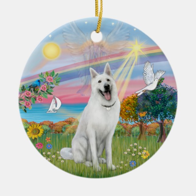 Cloud Angel - Vit tysk shepherd Julgransprydnad Keramik (Framsidan)