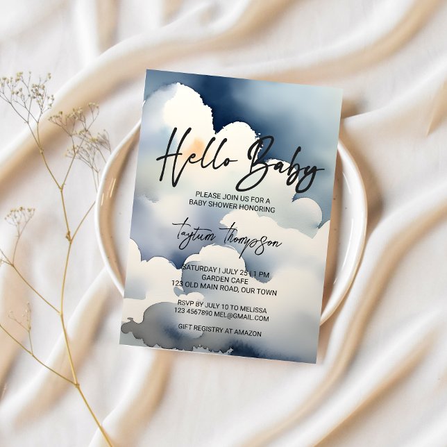Cloud babydusch grått moln babydusch inbjudningar (Cloud baby shower editable template invitation digital download watercolor clouds modern casual font)