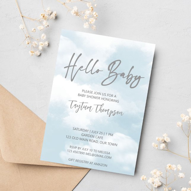 Cloud babydusch pastel grått molds babydusch inbjudningar (Cloud baby shower invitation template instant download pastel grey clouds modern casual script)