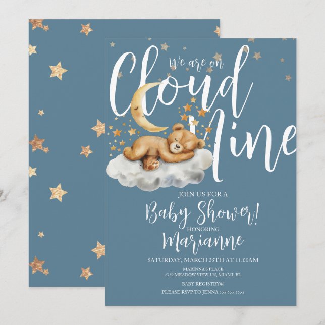  Cloud Bear Boy Stars Baby Shower  Invitation Inbjudningar (Fram/baksida)