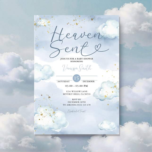 Cloud Heaven Sent Baby Shower Guld Glitter Inbjudningar (Skapare uppladdad)