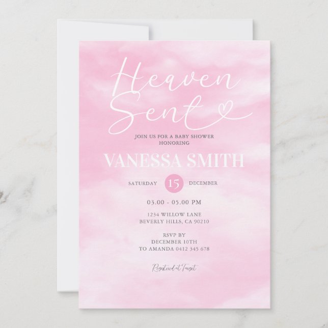 Cloud Heaven Sent Baby Shower Rosa Akvarell Inbjudningar (Framsida)