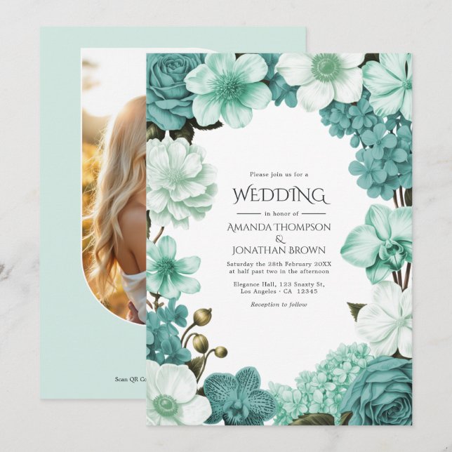 Cloud Mint, Frosted Teal & Seaglass Ivory Wedding Inbjudningar (Fram/baksida)