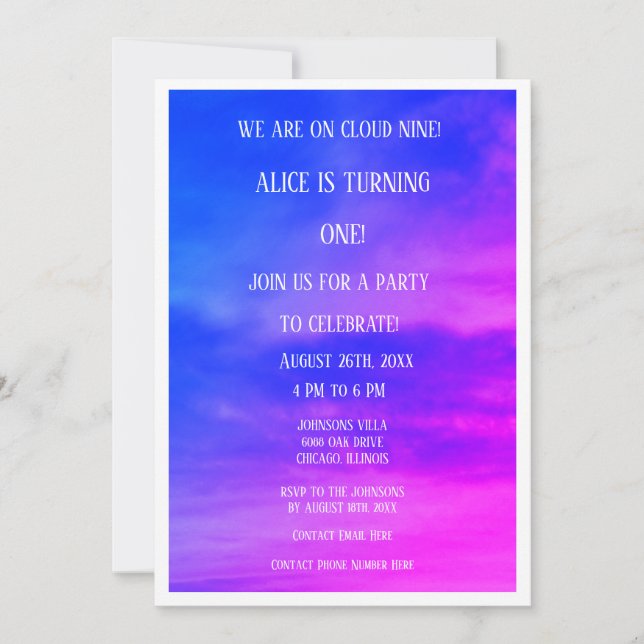 Cloud Nine 1:a födelsedag QR Rosa Blue Inbjudningar (Framsida)