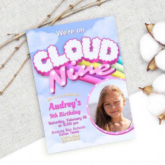 Cloud Nine - 9th Birthday with Photo Inbjudningar (Cloud Nine - 9th Birthday with Picture Photo Invitation)