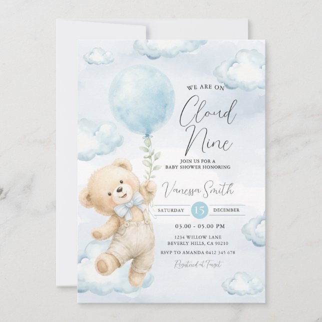Cloud Nine Baby Shower Inbjudan Blå Björn  (Framsida)
