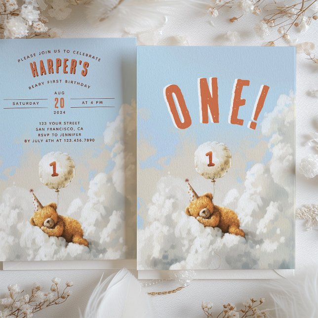 Cloud Nine Bear-Thated First Födelsedagsfest Inbjudningar (Skapare uppladdad)