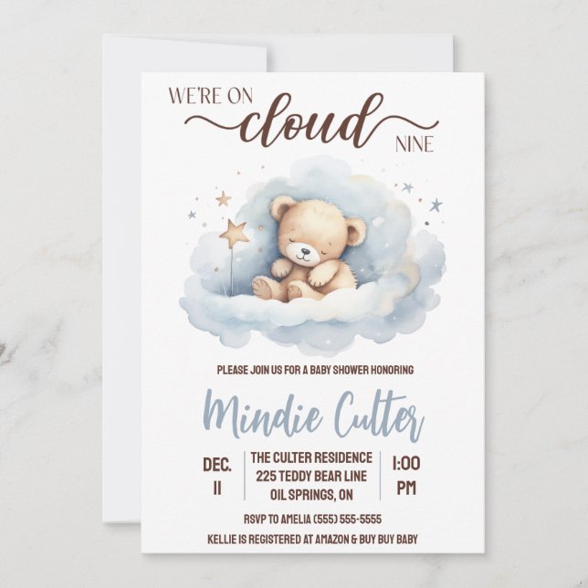 Cloud Nine, Blue Sleeping Nalle Baby Shower Inbjudningar (Framsida)