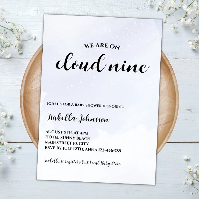 Cloud Nine Clouds Himlar minimalistisk babyskor Inbjudningar (cloud nine baby shower invitation clouds sky gender neutral baby shower minimalist elegant)