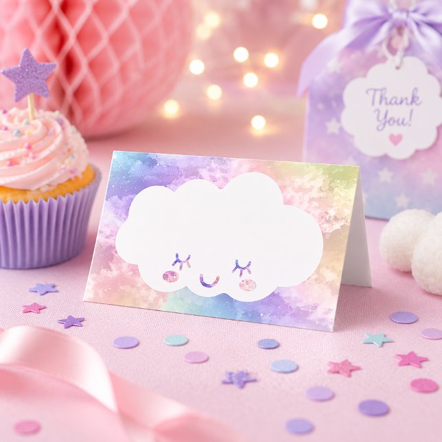Cloud Nine Födelsedagsplatskort – Kawaii Pastell H Placeringskort (Cloud Themed Birthday Place Cards)