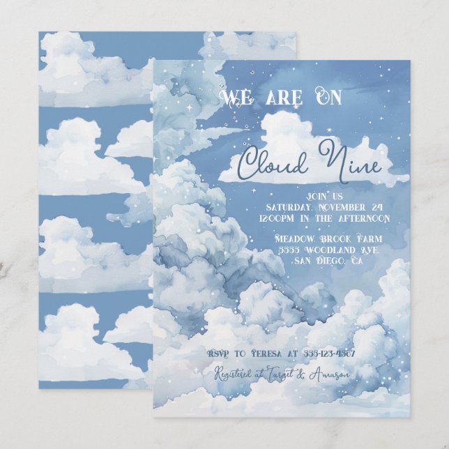 Cloud Nine Himlar babydusch Inbjudningar (Fram/baksida)