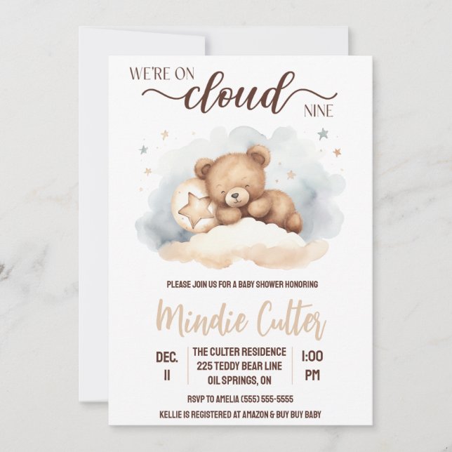 Cloud Nine, Nalle Baby Shower Inbjudningar (Framsida)