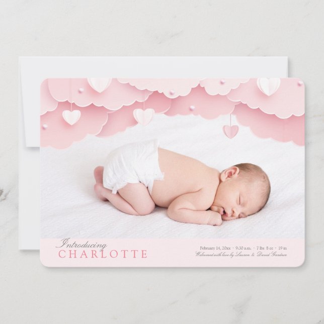 Cloud Nine Photo Birth Announcement Rosa Meddelande (Framsida)