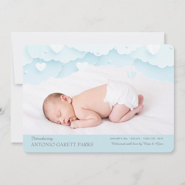 Cloud Nine Photo Birth Announunting Blue Inbjudningar (Framsida)