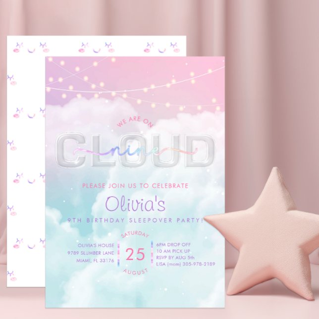 Cloud Nine Pyjamasparty Inbjudan – 9-årsdag (Fun Pastel - Cloud Nine Birthday Party Invite)