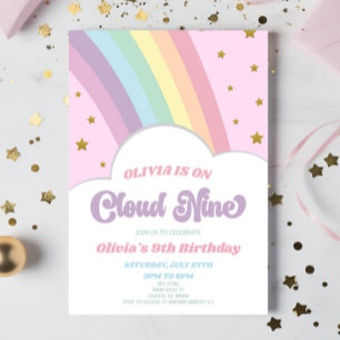 Cloud Nine Rainbow och Stars 9th Födelsedagsfest Inbjudningar