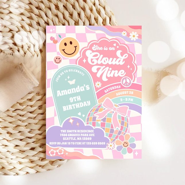 Cloud Nine Retro Groovy Daisy 9th Birthday Invitat Inbjudningar (Skapare uppladdad)