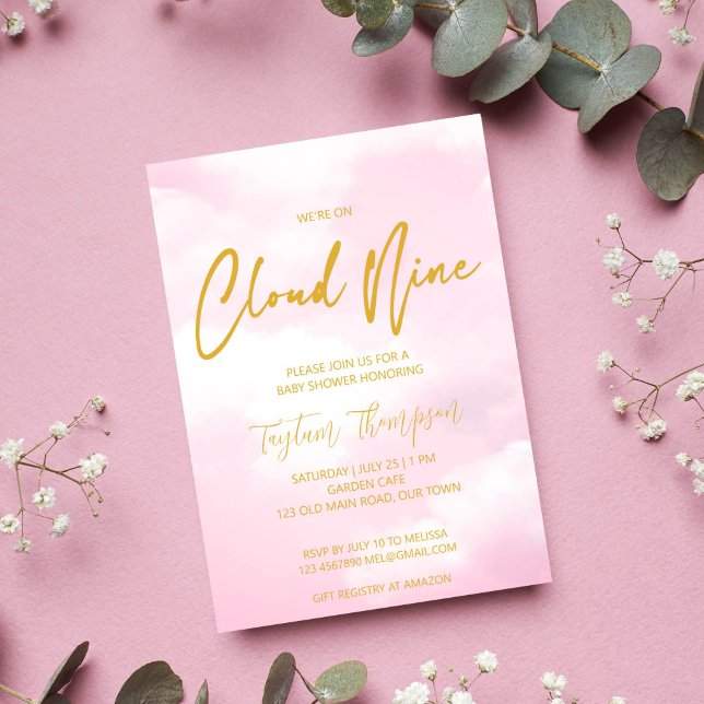 Cloud nine rosa och guld baby shower inbjudningar (Cloud nine baby shower invitation template pink and gold on cloud nine invite instant download)