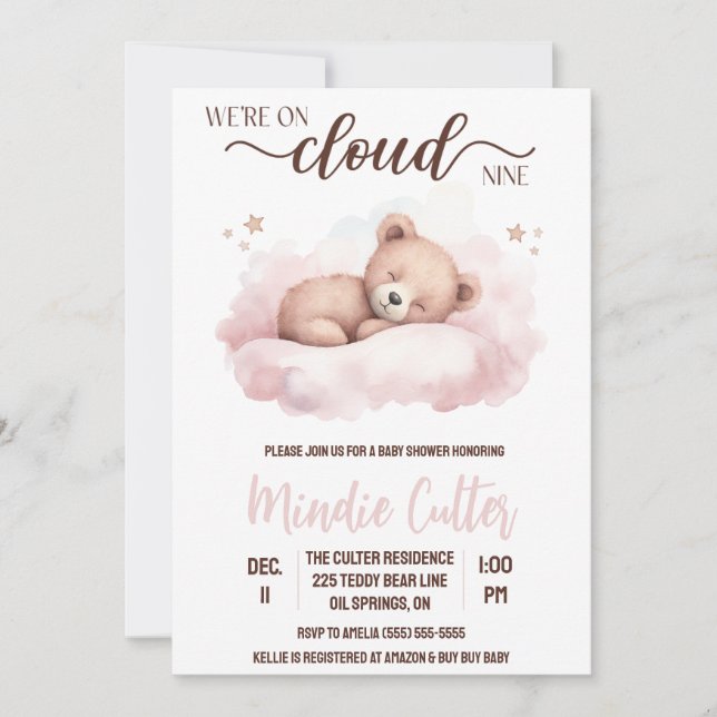 Cloud Nine, Rosa Sleeping Nalle Baby Shower Inbjudningar (Framsida)