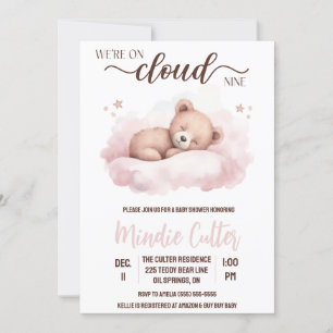 Cloud Nine, Rosa Sleeping Nalle Baby Shower Inbjudningar
