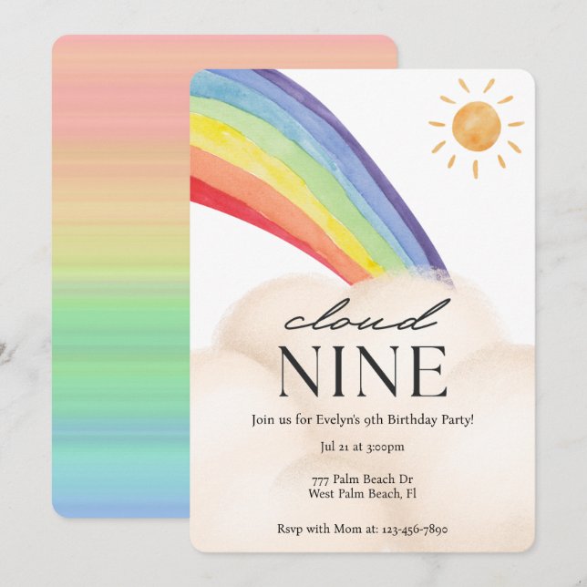 Cloud Nine Watercolor Rainbow & Cloud Ninth Birthd Inbjudningar (Fram/baksida)
