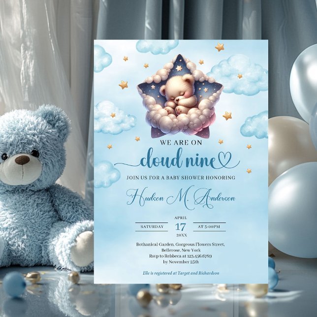 Cloud Nio nalle Boy Baby Shower Inbjudningar (we are on cloud nine sleeping teddy bear boy baby shower invitation)