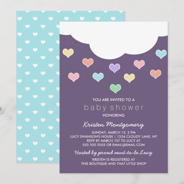 Cloud & Pastel Hearts | Lila Baby Shower Inbjudan (Fram/baksida)