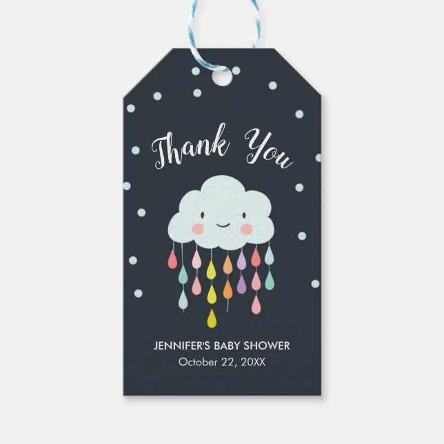 Cloud Raindrops Rainbow Neutralt Tack Boy Presentetikett (Framsidan)