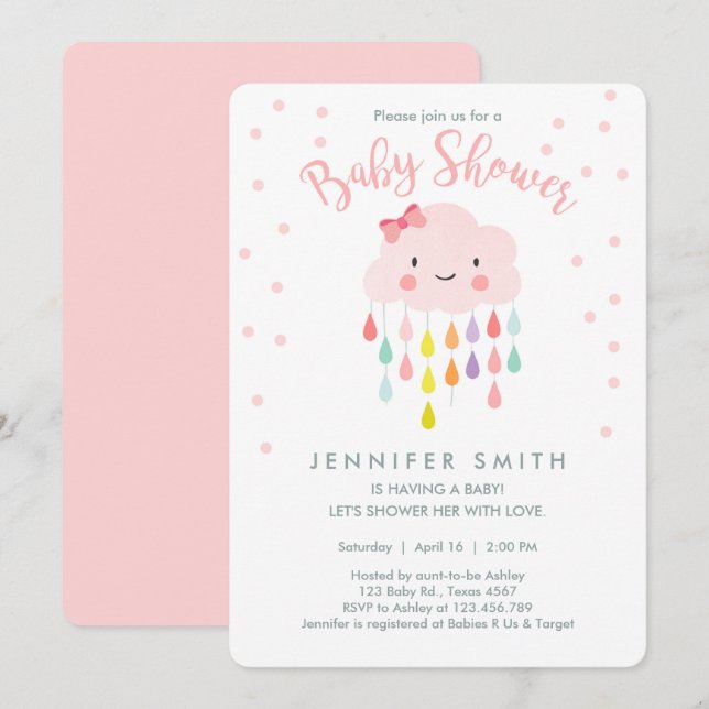Cloud Raindrops Rosa Girl Baby Shower-inbjudan Inbjudningar (Fram/baksida)