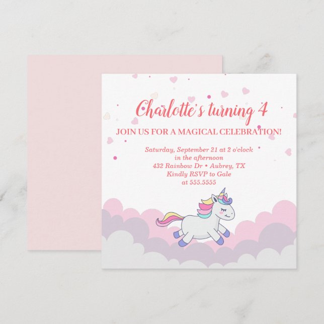 Cloud & Unicorn Girl Birthday-inbjudan Inbjudningar (Fram/baksida)